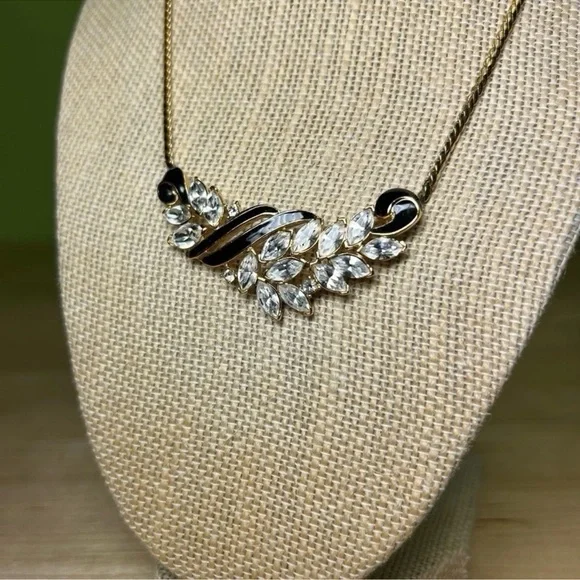 Trifari black enrramel clear crystal and gold tone necklace earrings vintage set